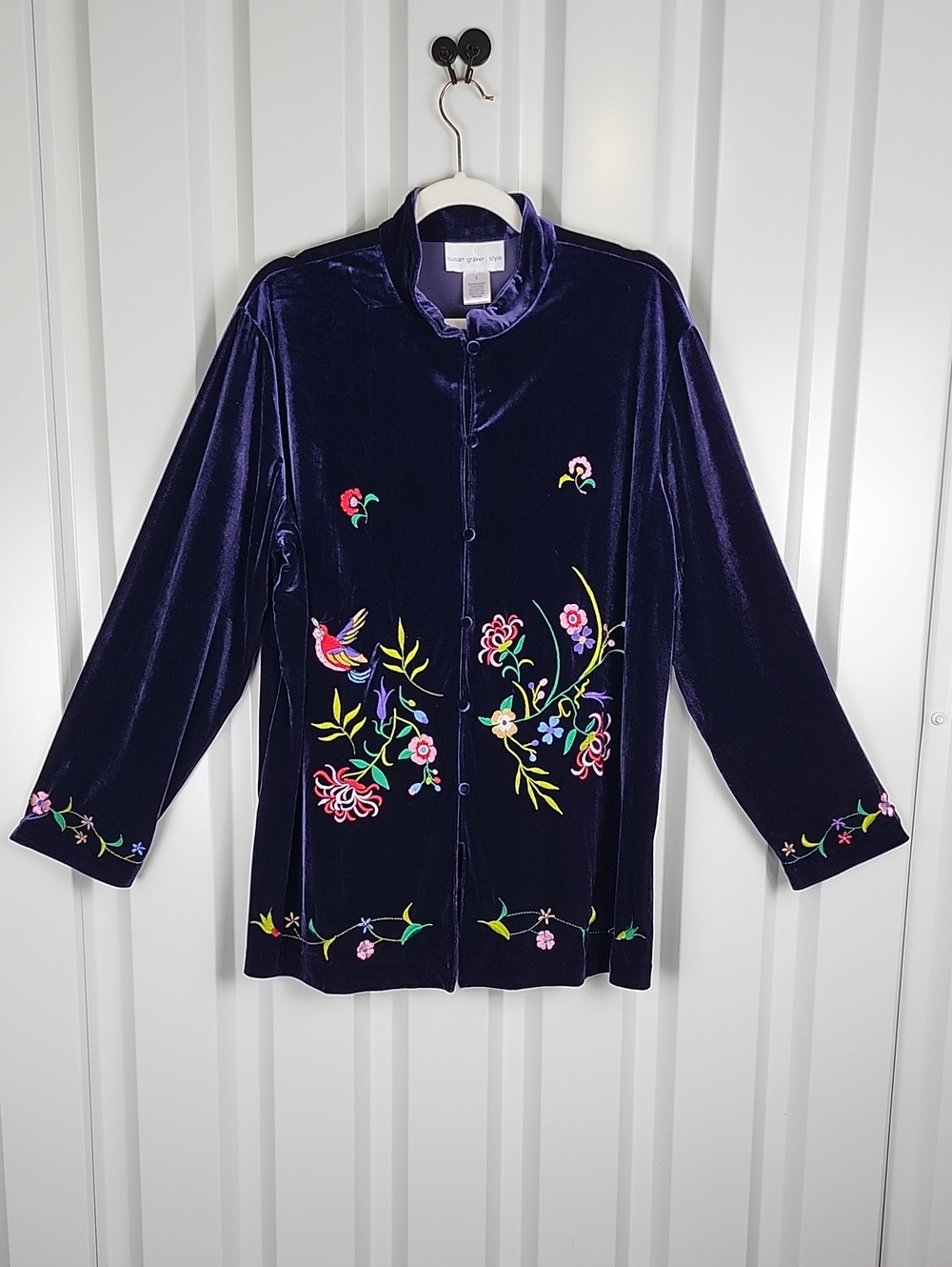 Susan Graver Jacket Purple Velvet Floral Embroidered Large NWT Boho Birds Plush